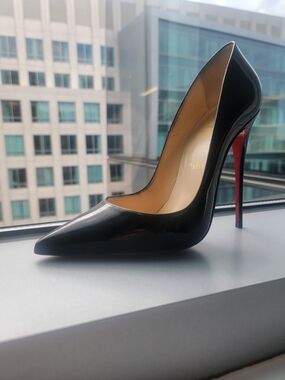Christian Louboutin So Kate Black Patent Pointed Toe Pumps with Red